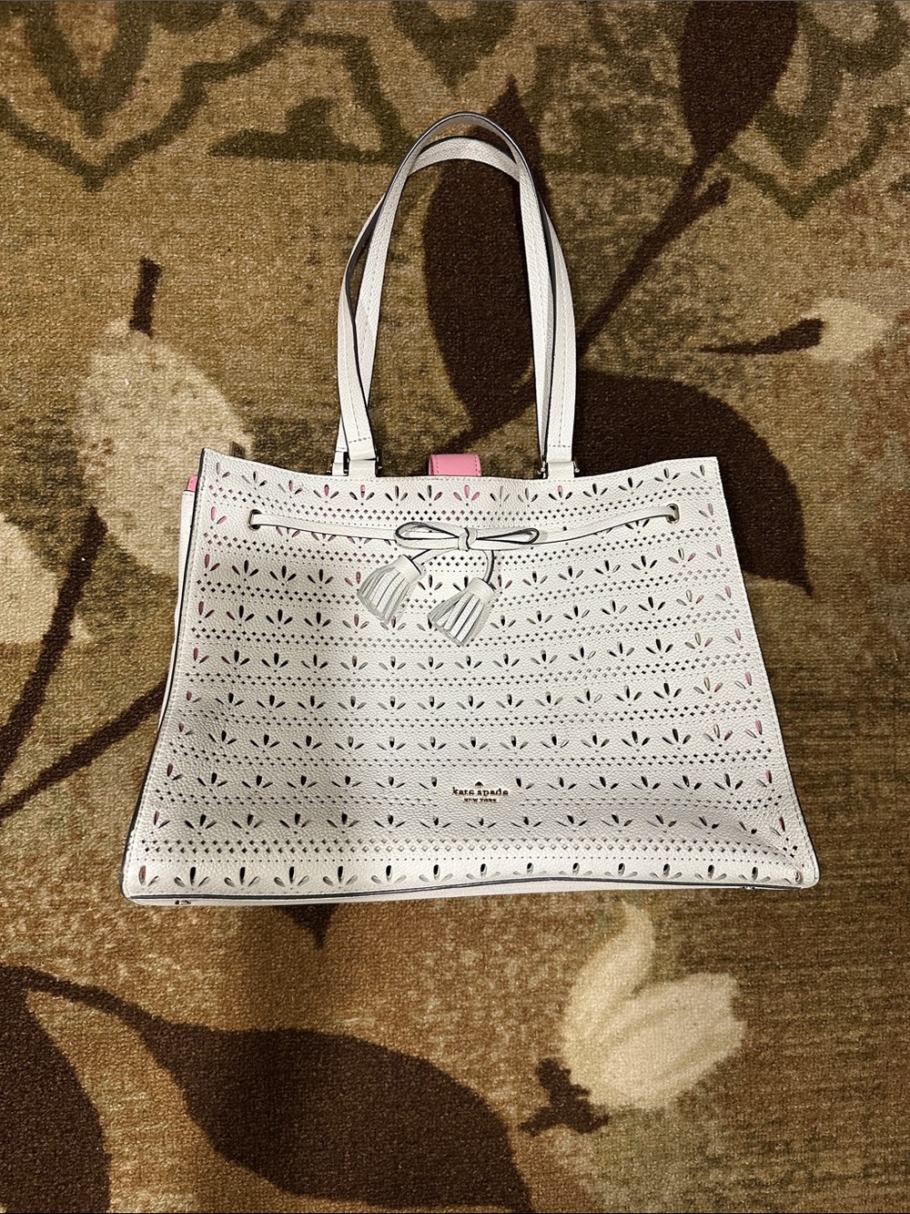 kate spade White Perforated Leather Tote with Pink Accents